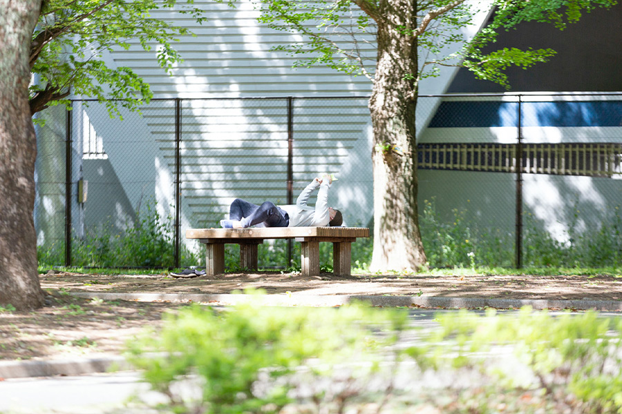 ストレッチをしたり、本を読んだり……。朝の公園では各々が気の向くままに過ごしている。